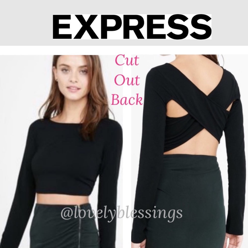 Criss Cross Cut Out Open Back Long Sleeve Crop Top Express Black Size Small